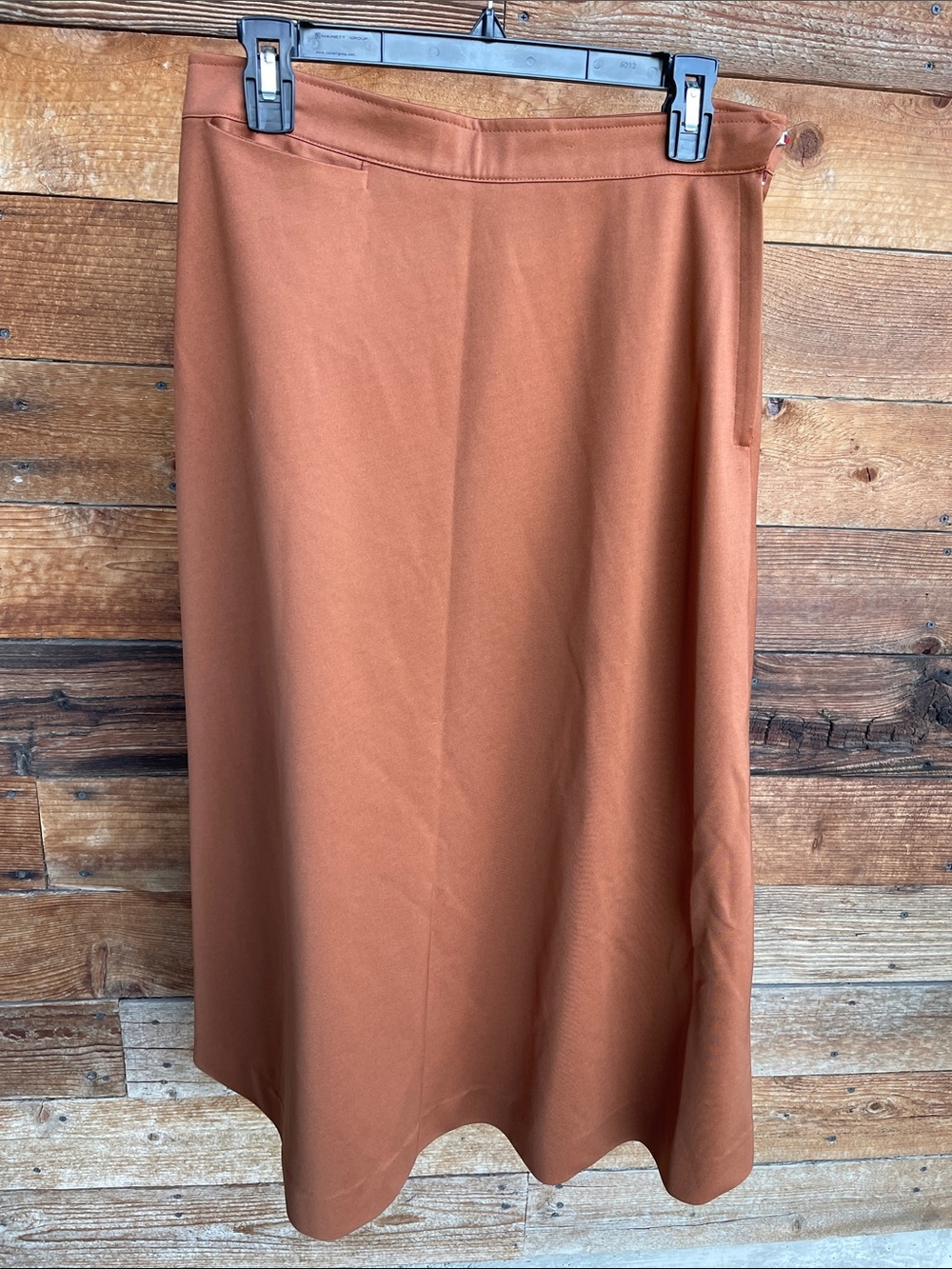 Rust Brown Midi A-Line Skirt Women’s Pull-On Stretch Casual Office Minimalist